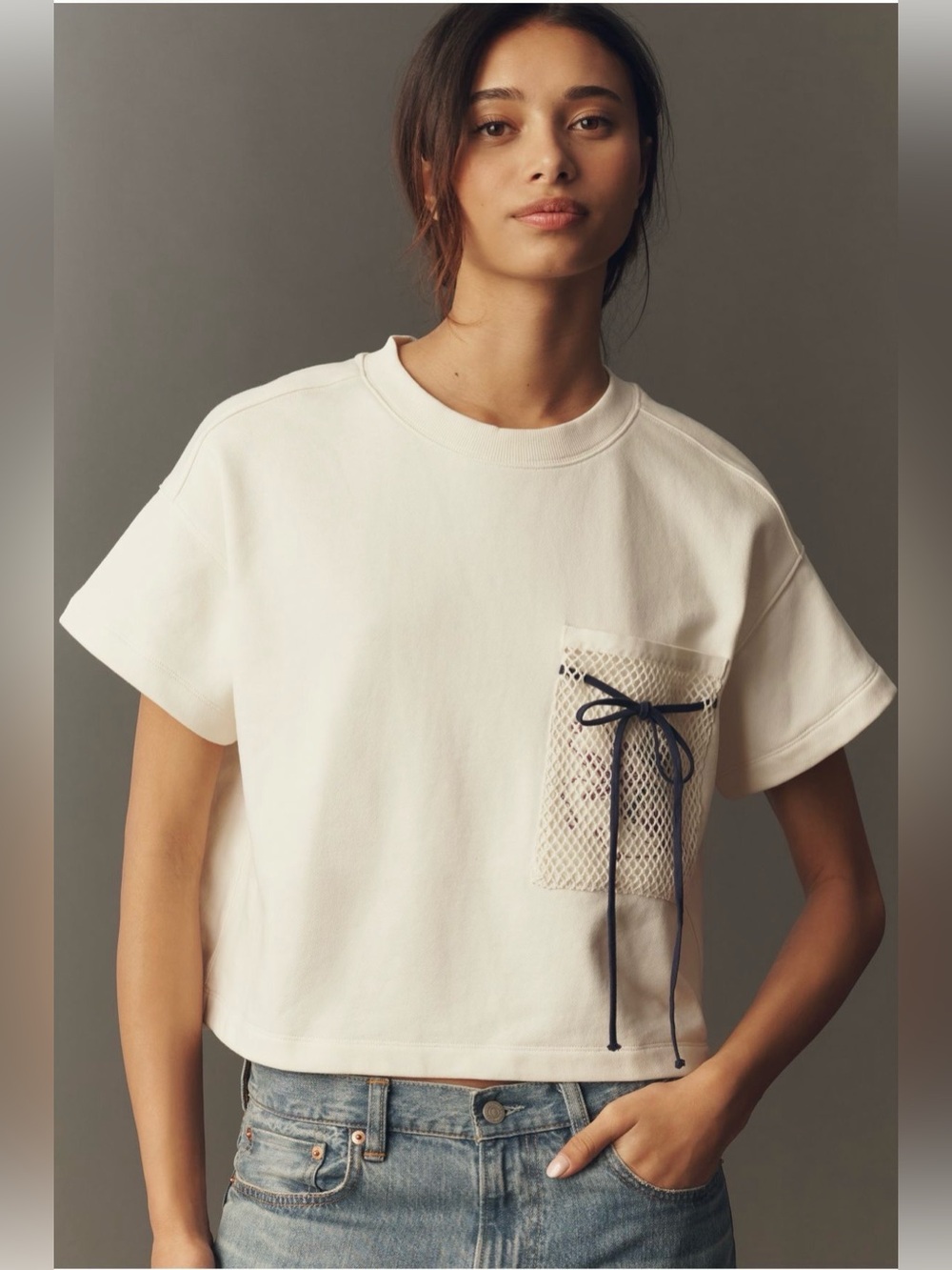 Anthropologie Maeve Cotton Seashell Mesh Pocket Tee